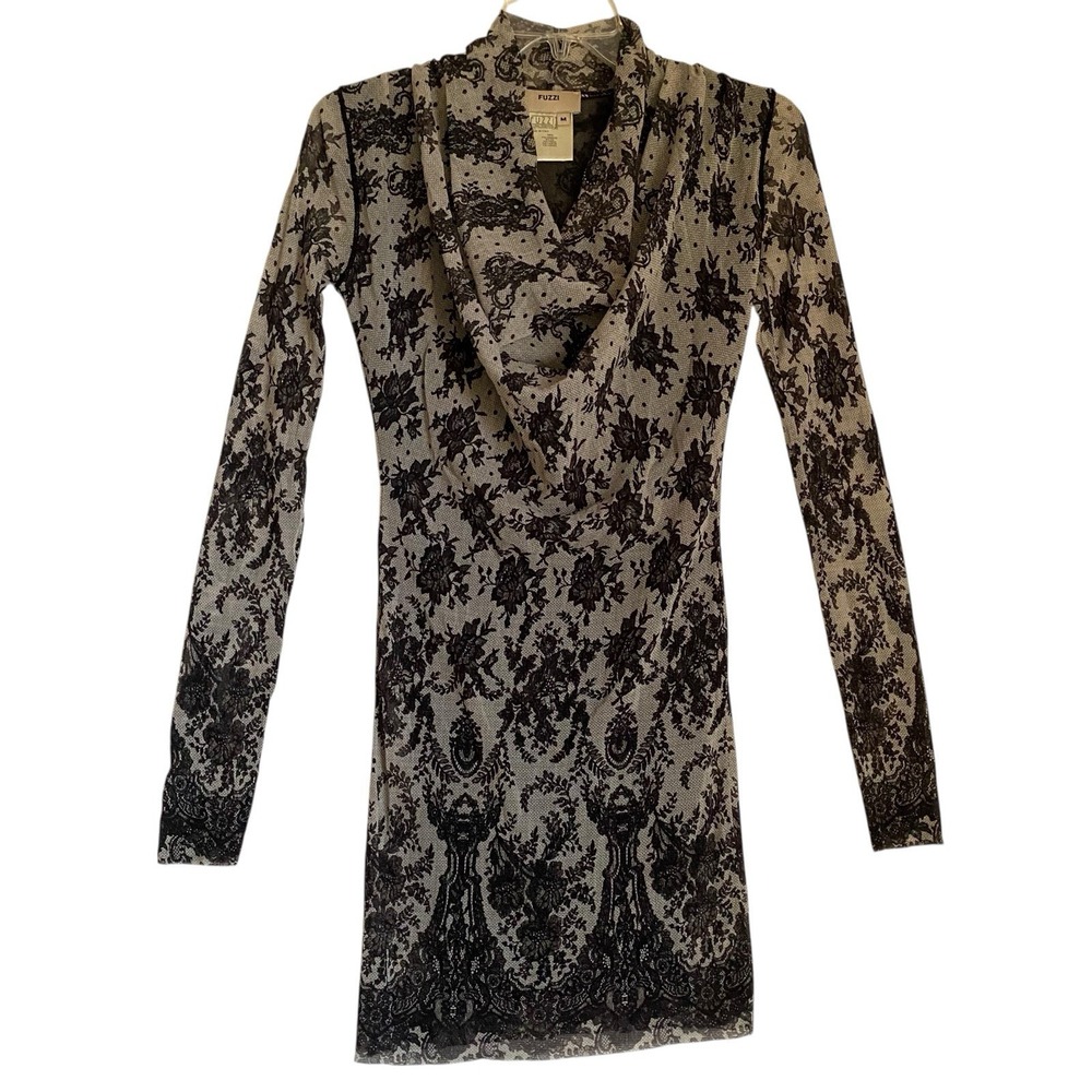 Fuzzi Mini Bodycon Dress M Black Floral Long Sleeve Gothic Dark Romance Y2K - Picture 2 of 9
